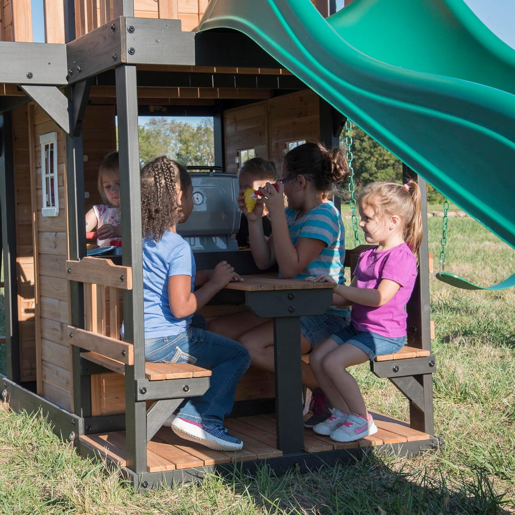 Backyard Discovery Canyon Creek Cedar Wood Swing Set with Wave Slide, Clubhouse, Play Kitchen, Picnic Area, Belt Swings, Web Swing, Rock Wall, Balconies, Playhouse, Step Ladder, Outdoor Playset