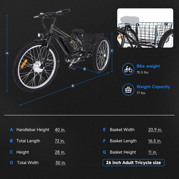 26 Inch Adult 3 Wheel Electric Tricycle with Basket, Fat Tires,7 Speeds,350W Powerful Motor, 36V 10Ah Removable Battery – Dark Gray